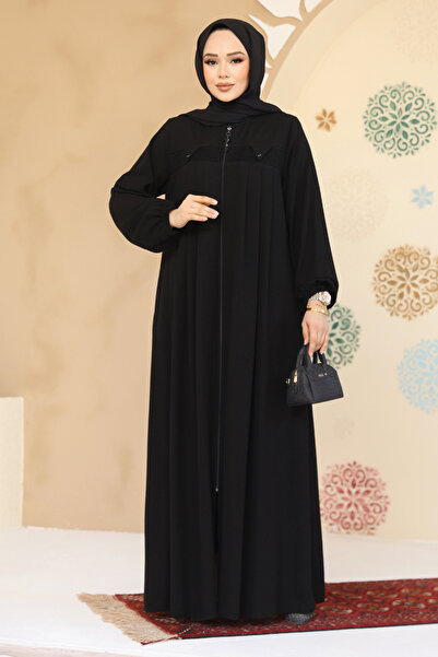 Neva Style Zippered Black Hijab Abaya 45295S