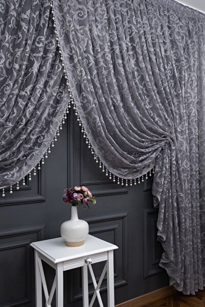 farbateks Gray Shawl Design Beaded Double Breasted Curtain Yanki Tulle Theater Model Curtain