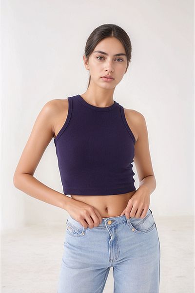 Bled Halter Neck Corded Crop Tank Top - Bustier Navy Blue