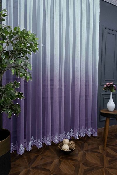 farbateks Lilac Colored Embroidered Gradient Skirt and 2 Layers Pleated Tulle Curtain