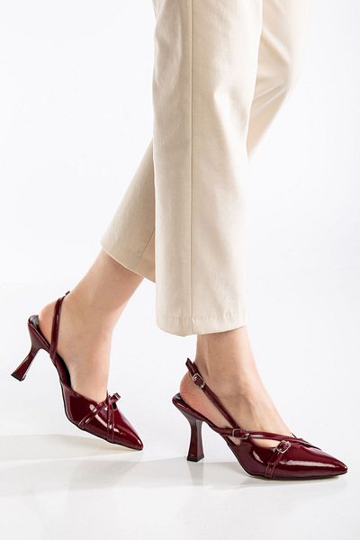 Vaien Women's Burgundy Patent Leather Pointed Toe Buckle Heeled Shoes Stiletto