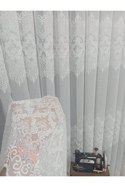 farbateks Hürrem Model Design - 2 Layer Pleated and Embroidered Living Room Tulle Curtain