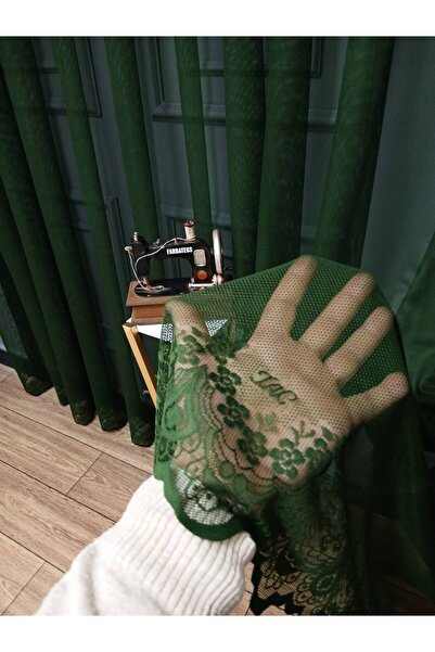 Taç Farbateks Planting Cemre Plain Plain Knitted Khaki Green Colored Ironing Will Not Ask 2 Kat Pleated Tulle Curtain