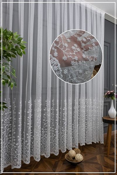 farbateks Tulle Skirt Wide Pattern Daisy Model Right Left Wing Background And Inner Tulle Set Combination Tulle Curtain