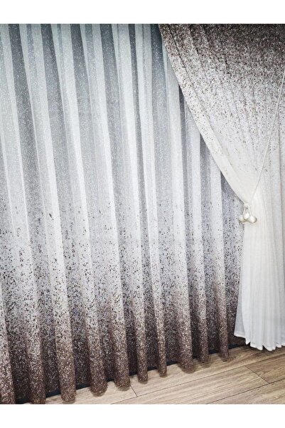 farbateks Colorful Top Design - Brown-Mink Sprinkled Tulle Set, Right/Left Background Curtain