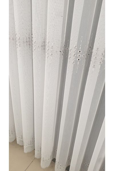 Taç Farbateks Planting Guarnic Gray Silver Silver Embroidered Pattern 3layer Pleated Tulle Curtain