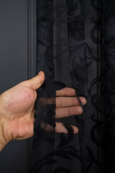 farbateks Classic Shawl Pattern Black Color Pattern Design 2 Layers Pleated Tulle Curtain