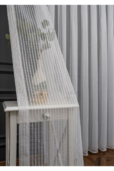 farbateks Mini Square Silver Silver Design Glazed Striped Tulle 2 Layer Pleated Tulle Curtain