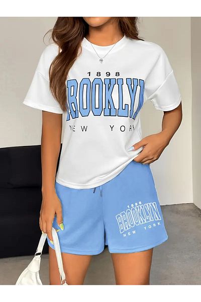 Jooy Brooklyn 1898 Printed Oversize T-Shirt Blue Shorts Bottom Top Set