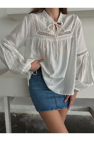 BELLA FASHION Embroidered Blouse with Lace-Up Collar