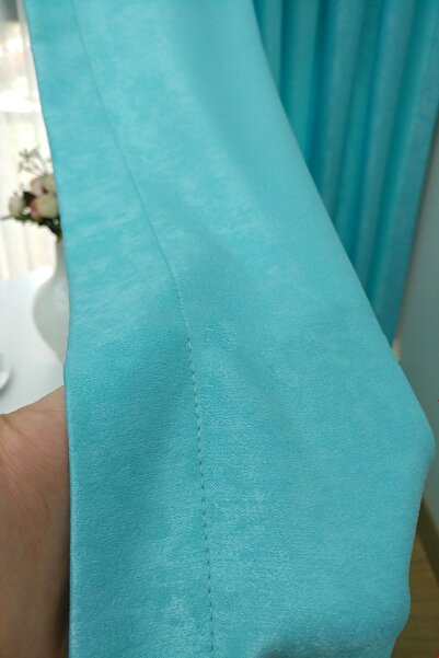farbateks Background Fabric Curtain Turquoise Color Velvety Soft Soft Wing Side Curtain 1e 3 Draped Pleat
