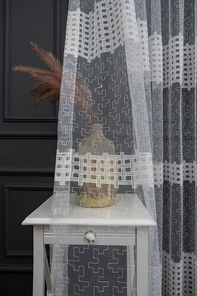 Brillant Farbateks 1/2 Layer Pleated Embroidery Tulle Curtain - Checked Pattern Design