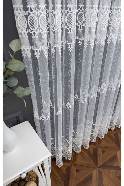 Brillant Farbateks 2 Layer Pleated Tulle Curtain - Sewing Brode Embroidered Mirror Pattern