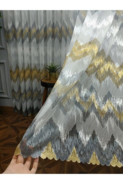 farbateks Harmony Zigzag Pattern Mustard Dark Yellow Design 1/2 Layer Pleated Tulle Curtain