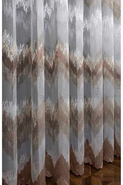 farbateks Beige Mink Brown Colored Harmony Zigzag Patterned 1/3 Layer Pleated Tulle Curtain