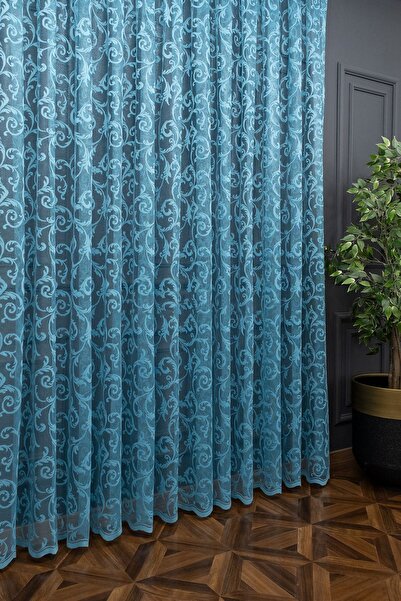 farbateks Classic Shawl Pattern Turquoise Color Pattern Design 2 Layers Pleated Tulle Curtain