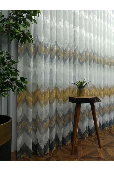 farbateks Harmony Zigzag Pattern Mustard Dark Yellow Design 1/2 Layer Pleated Tulle Curtain