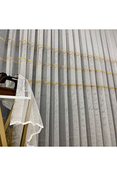 farbateks Milano Gold New Design - 2 Layer Pleated Tulle Curtain with Gold Interband