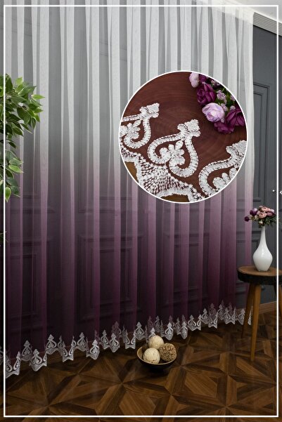 farbateks Perdele din tul plisat în 2 straturi, cu gradient brodat, cu tranziție de culoare prune