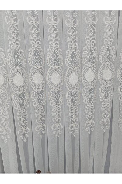 farbateks White Ecru Court Embroidered - 3 Layer Pleated Tulle Living Room Curtain