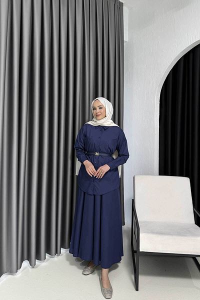 Melike Tatar Meli̇ke Belted Poplin Skirt Suit 3507 Dark Blue