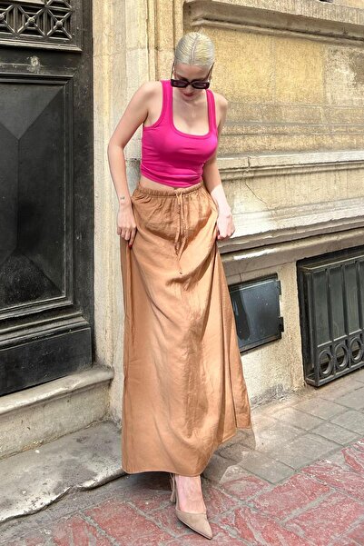 Madmext Camel Beli Lastikli Uzun Kadın Etek MG1979
