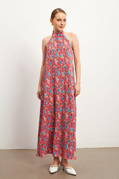 MODAGEN Women's Floral Patterned Long Dress with Neck Detail