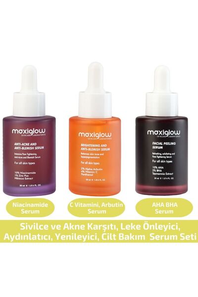 MaxiGlow 3'lü Cilt Bakım Serumu Seti, C Vitamini & Arbutin, Aha & Bha, Niacin...