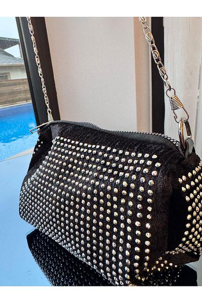 CALİENTE Geantă de seară cu lanț elegant cu pietre negre