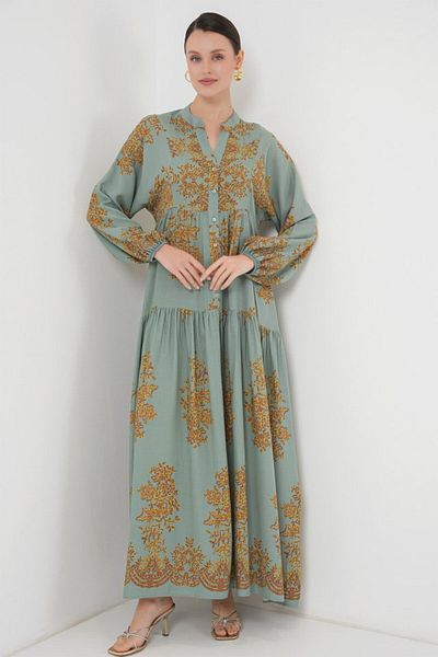 leyla sanat sanata yeni bir bakış açısı Leyla New Perspective on Art Mint Gold Patterned Hijab Dress 2423
