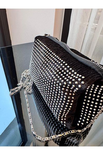 CALİENTE Geantă de seară cu lanț elegant cu pietre negre