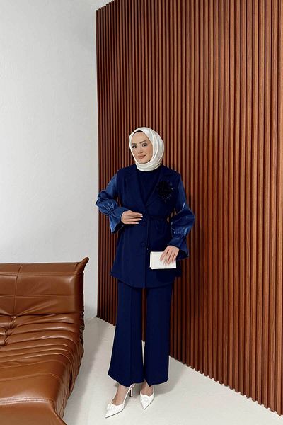 Melike Tatar Meli̇ke Gül Brooch Jacket Suit 4016 Dark Blue