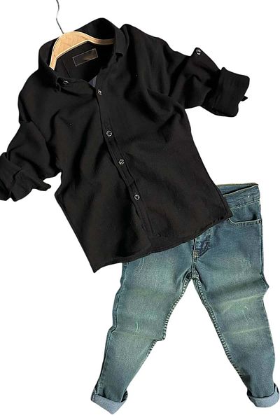 Riccotarz Boy's Lycra Gabardine and Woven Black Shirt Bottom Top Set