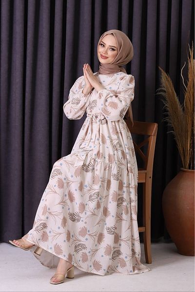 XXL BUTİK Beige Patterned Hijab Dress - Xms002