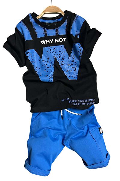 Riccotarz Boy's W Letter Why Not εμπριμέ T-Shirt Μπλε σορτς κοστούμι