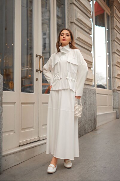 QİMYA BUTİK Qimene Women's Waist Lace up Large Pocket Jacket Long Skirt Two Piece Suit