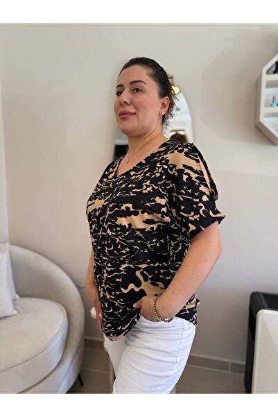 garajmood Brown Patterned Shoulder Slit Detailed Large Size Blouse