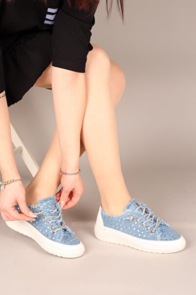 Birikon CLARA Tamamı Taş Aksesuarlı Kot Sneakers MAVİ