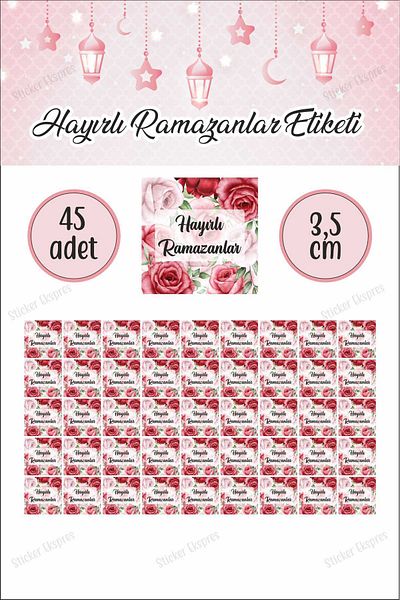 Sticker Ekspres Square Shaped Pink Red Rose Auspicious Ramadans Tag 3.5 cm 45 Pieces Waterproof Sticker