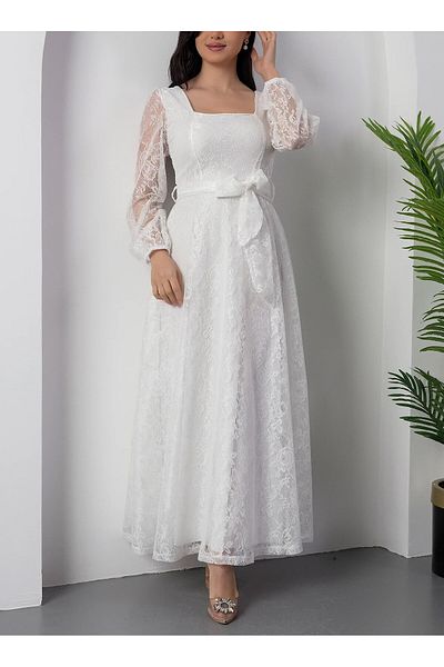 Lensia Square Neck Belted Lace Dress