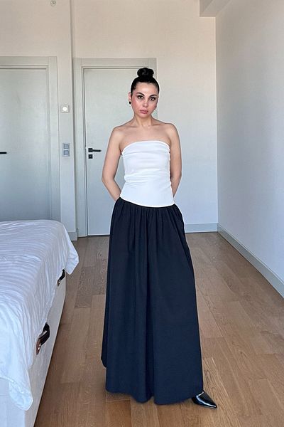 Seda Yalçın Atelier White Strapless Long Dress with Black Poplin Top