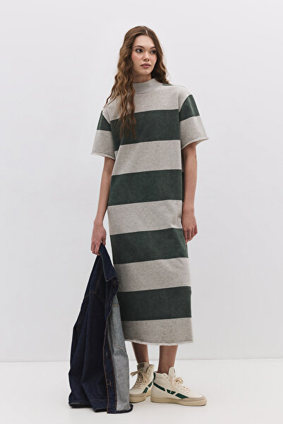 No Matter What Off-Neck Slit Striped Midi Dress
