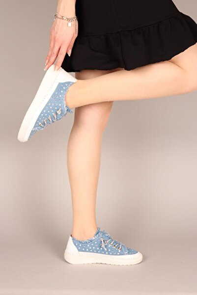 Birikon CLARA Tamamı Taş Aksesuarlı Kot Sneakers MAVİ