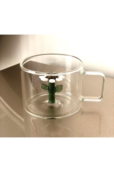 A A Company İçi Üç Boyutlu Papatya Figürlü Isıya Dayanıklı Borosilikat Cam Kupa Bardak