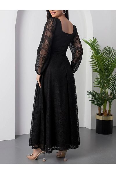 Lensia Square Neck Belted Lace Dress