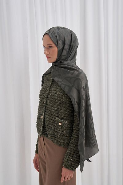 carell Italian Silk Jacquard Text Patterned Khaki Shawl