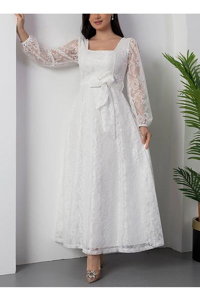Lensia Square Neck Belted Lace Dress