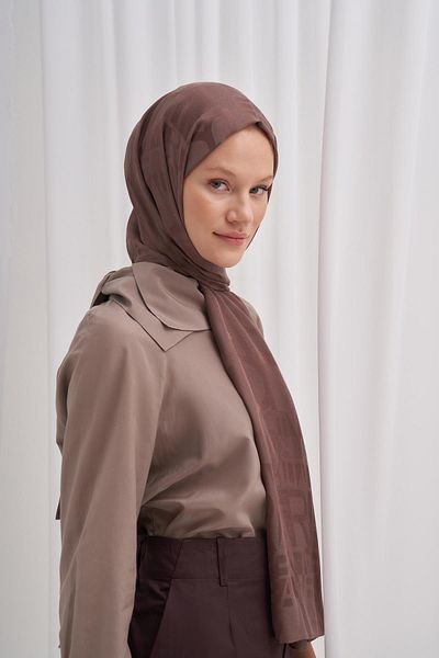 carell Italian Silk Text Patterned Jacquard Soft Brown Shawl