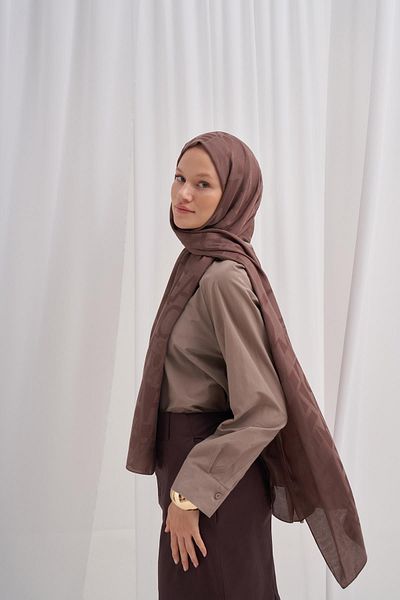 carell Italian Silk Text Patterned Jacquard Soft Brown Shawl