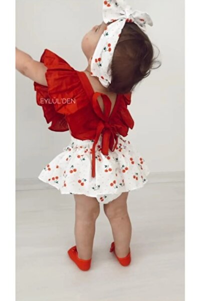 elahobi Kiraz Desen Bebek Salopet Tulum Ve Bandana 2'li Takım